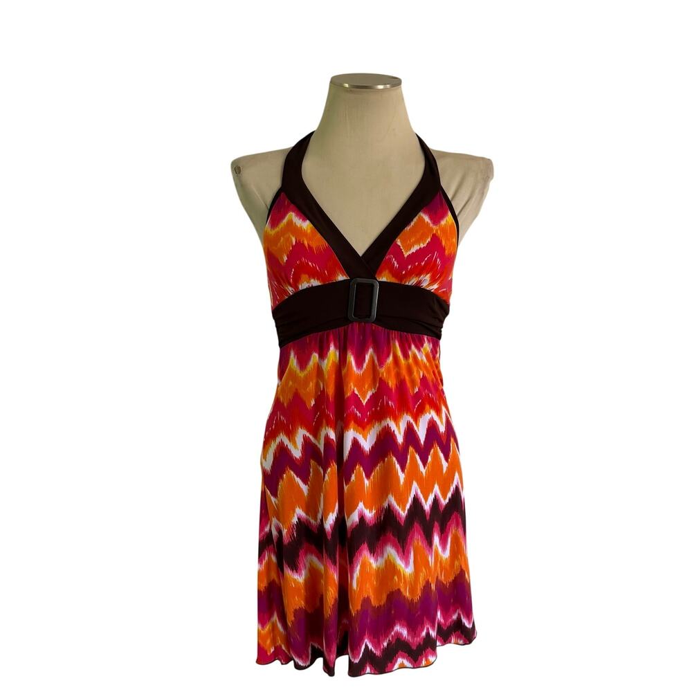 NWT Y2K 2000s Pink Orange Brown Baby Doll Belt Halter Dress M Fairy Whimsy Bratz